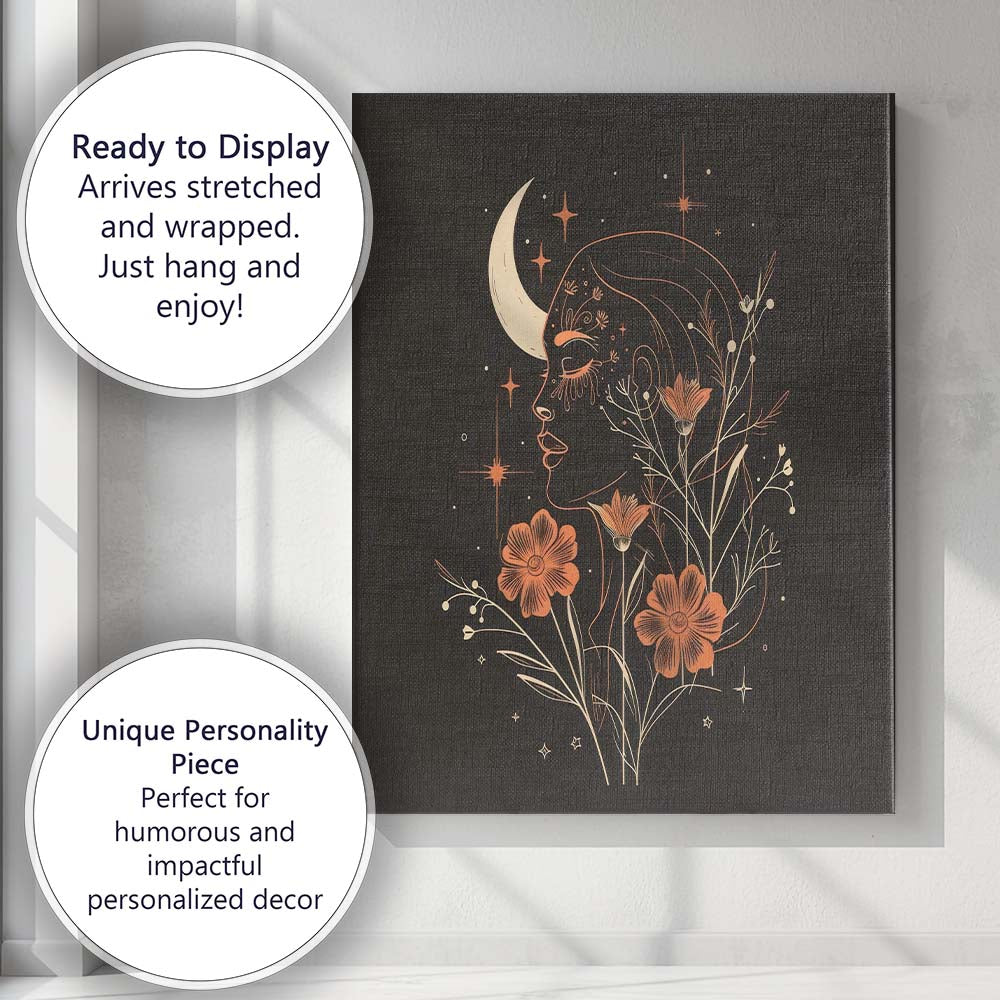 Boho Celestial Woman Floral Portrait Line Art Canvas Wall Art Print Decor Picture Ready to Hang