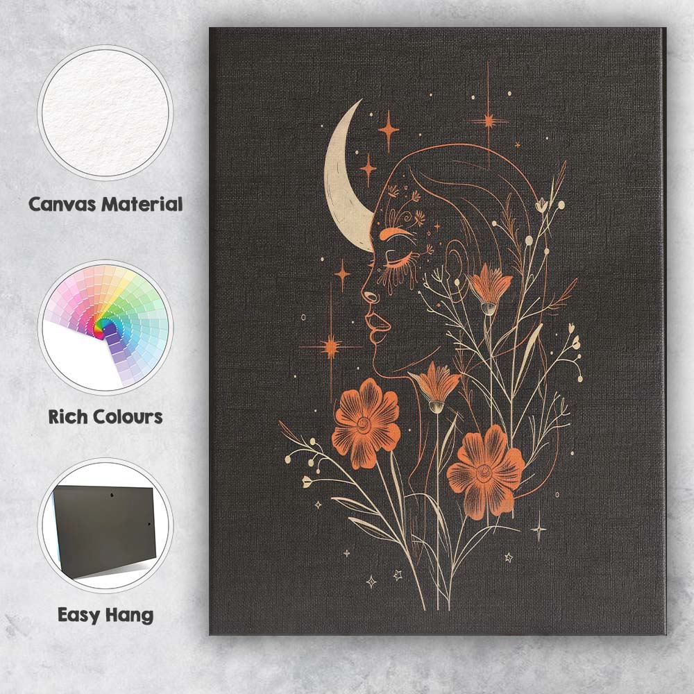 Boho Celestial Woman Floral Portrait Line Art Canvas Wall Art Print Decor Picture Ready to Hang