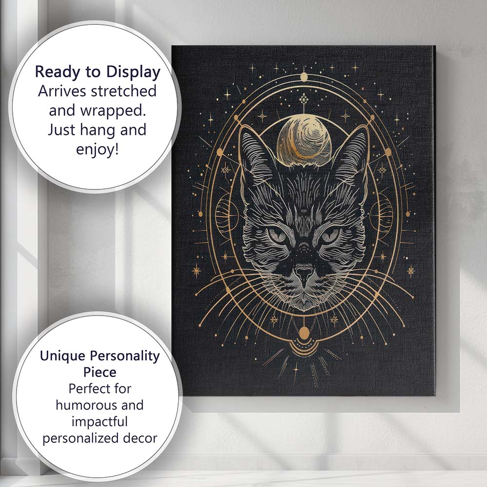 Mystical Black Cat Moon Phase Gold Line Art Canvas Wall Art Print Decor Picture Ready to Hang