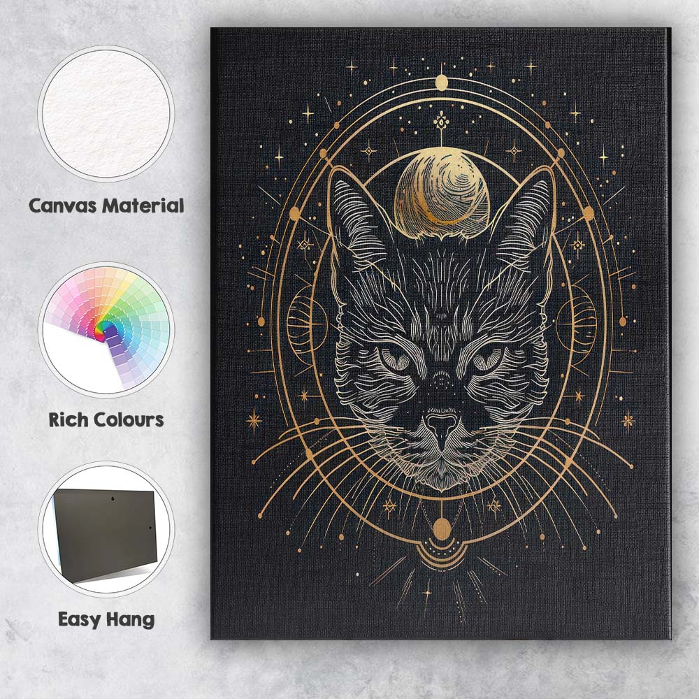 Mystical Black Cat Moon Phase Gold Line Art Canvas Wall Art Print Decor Picture Ready to Hang