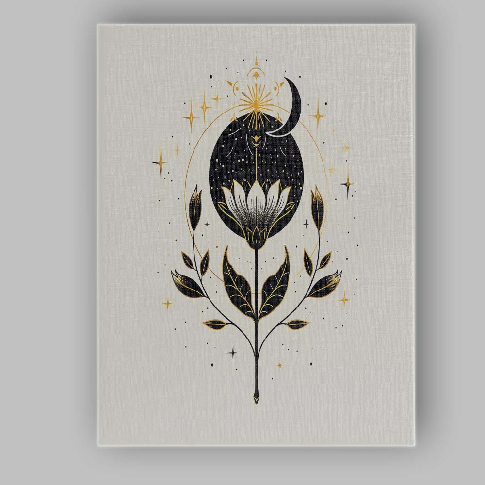 Mystical Lotus Crescent Moon Celestial Botanical Illustration Canvas Wall Art Print Decor Picture Ready to Hang