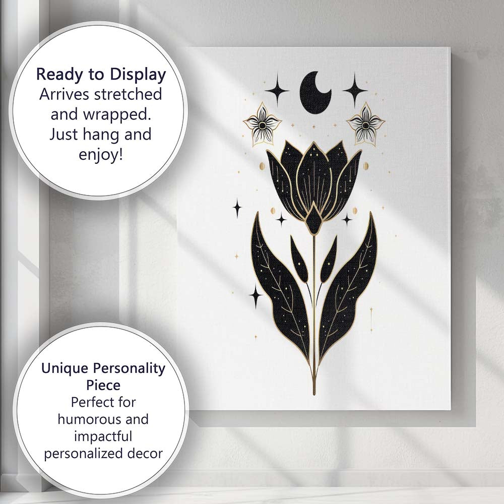Minimal Black Lotus Flower Celestial Botanical Line Art Canvas Wall Art Print Decor Picture Ready to Hang
