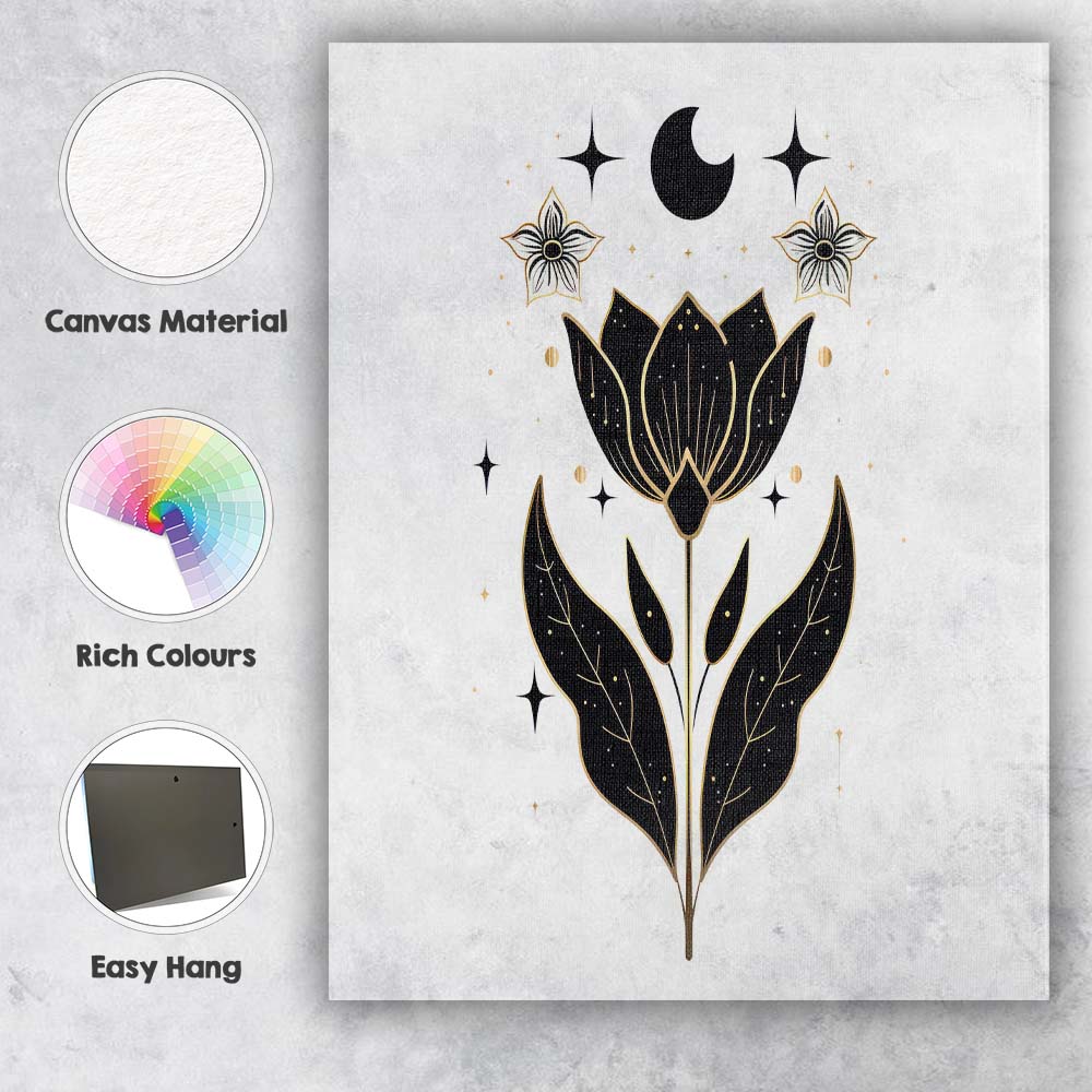 Minimal Black Lotus Flower Celestial Botanical Line Art Canvas Wall Art Print Decor Picture Ready to Hang