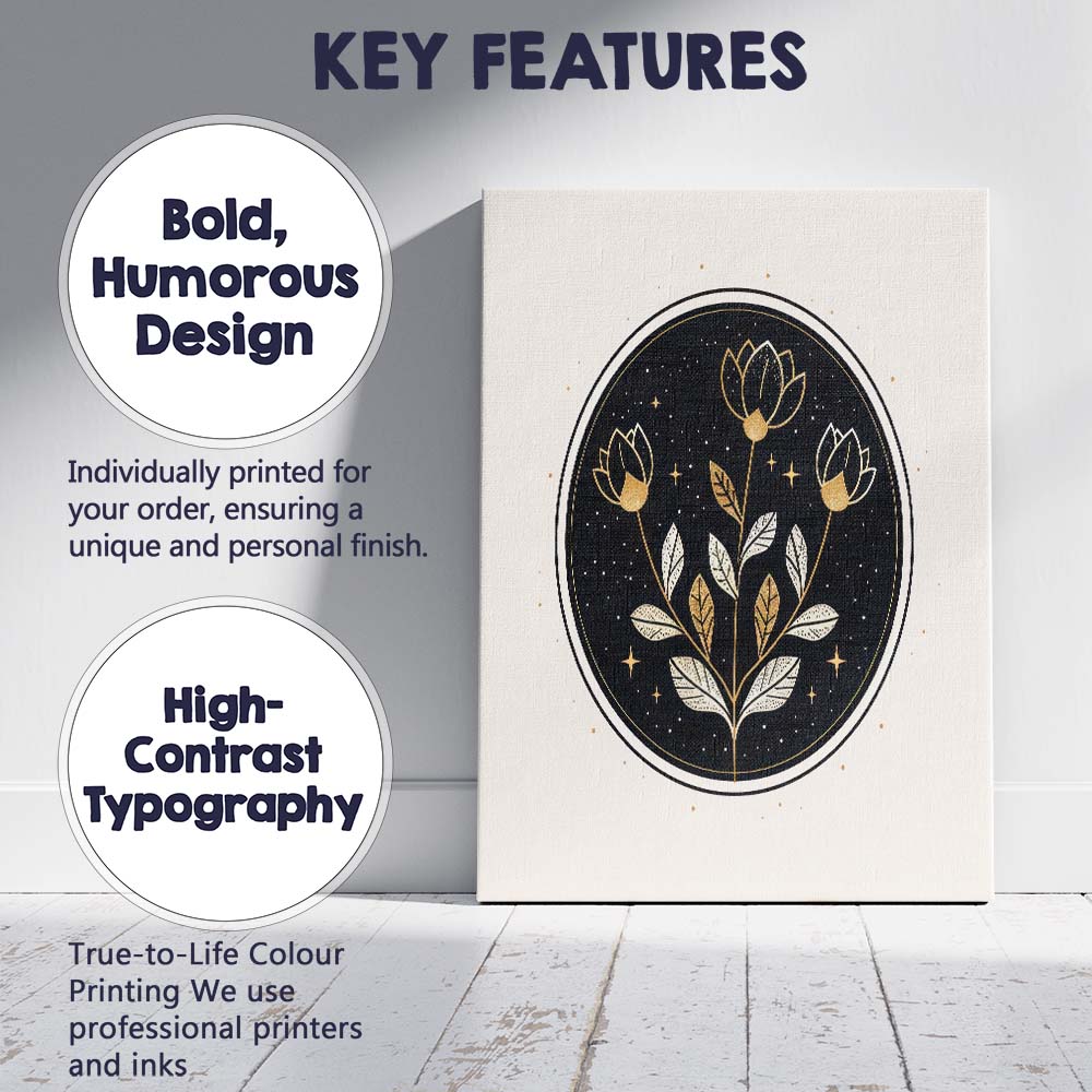 Gold Botanical Floral Night Sky Circle Illustration Canvas Wall Art Print Decor Picture Ready to Hang