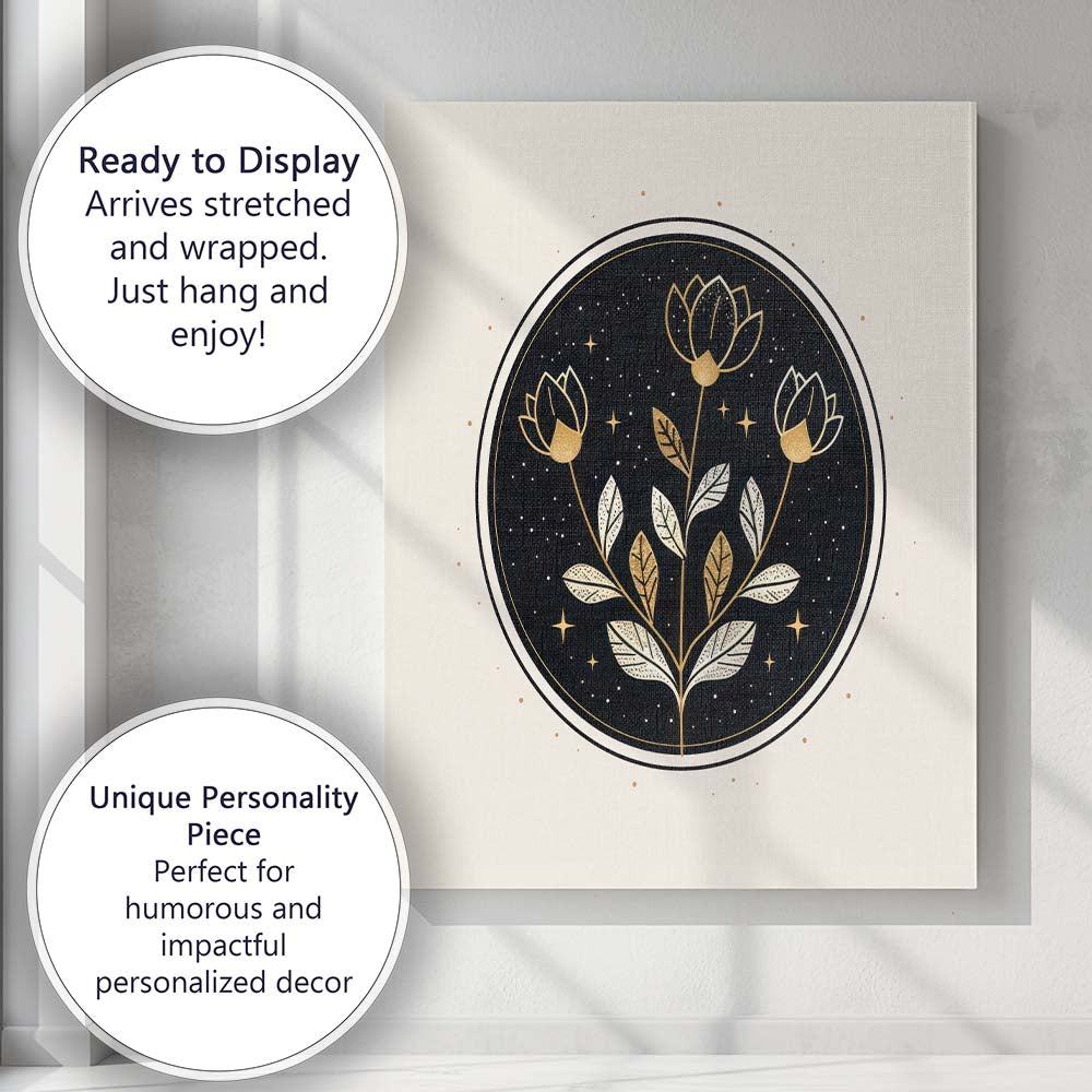 Gold Botanical Floral Night Sky Circle Illustration Canvas Wall Art Print Decor Picture Ready to Hang