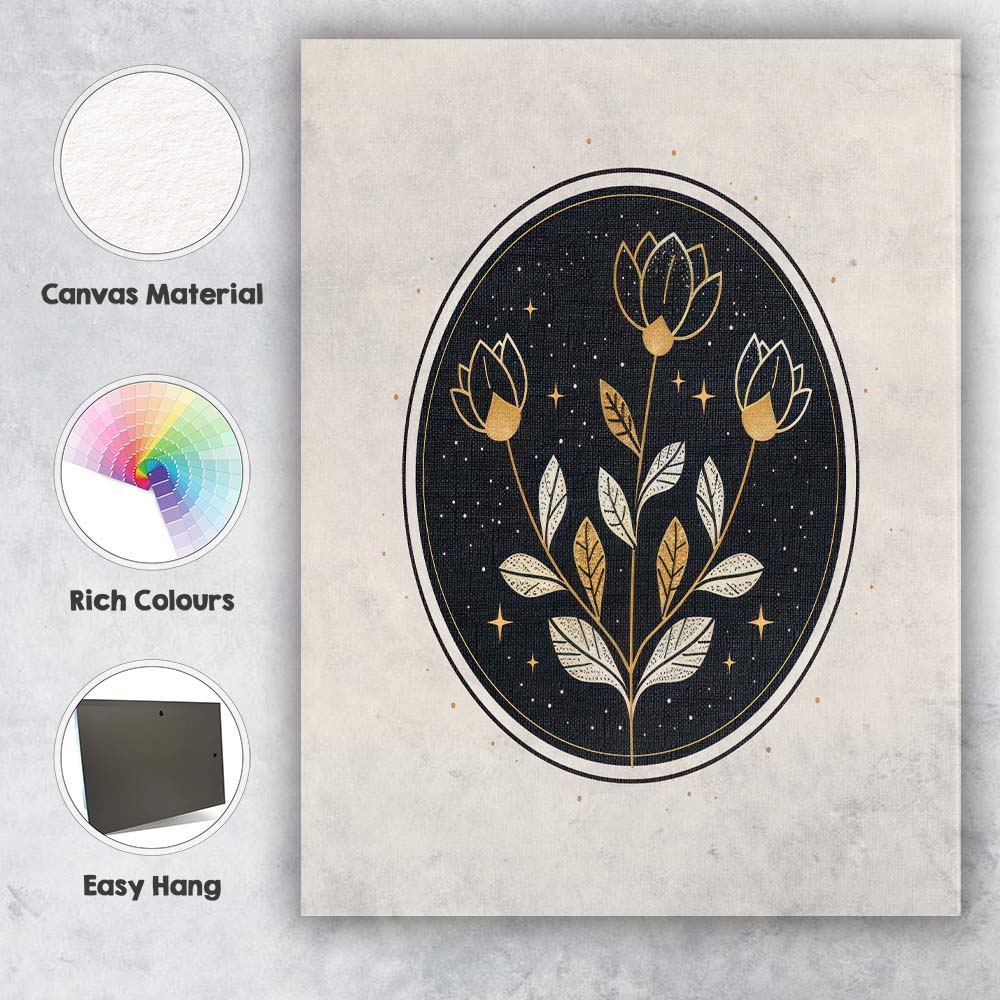 Gold Botanical Floral Night Sky Circle Illustration Canvas Wall Art Print Decor Picture Ready to Hang