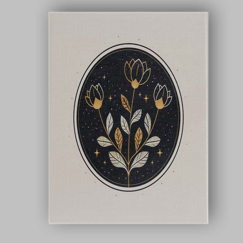 Gold Botanical Floral Night Sky Circle Illustration Canvas Wall Art Print Decor Picture Ready to Hang