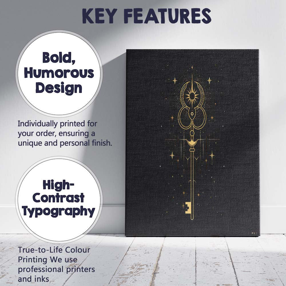 Mystical Celestial Moon Sun Ornamental Skeleton Key Canvas Wall Art Print Decor Picture Ready to Hang