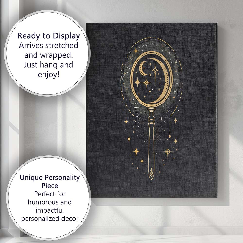 Celestial Moon Magnifying Glass Gold Line Art Canvas Wall Art Print Decor Picture Ready to Hang