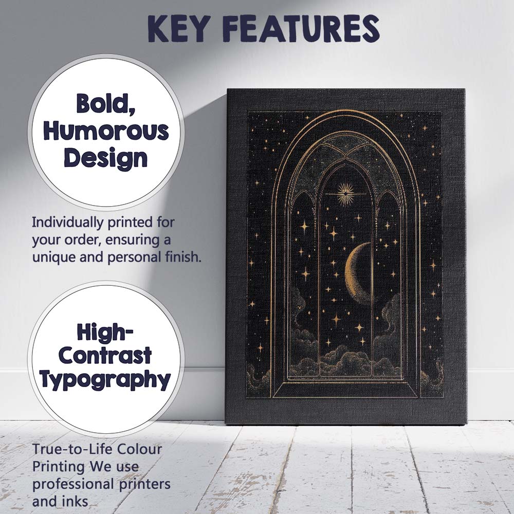 Mystical Gothic Moonlit Window Celestial Night Gold Line Art Canvas Wall Art Print Decor Picture Ready to Hang