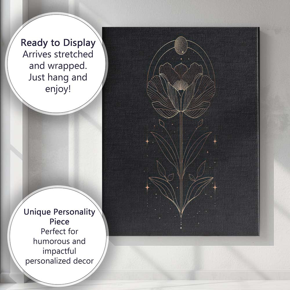 Minimalist Botanical Flower Moon Phase Gold Line Art Canvas Wall Art Print Decor Picture Ready to Hang