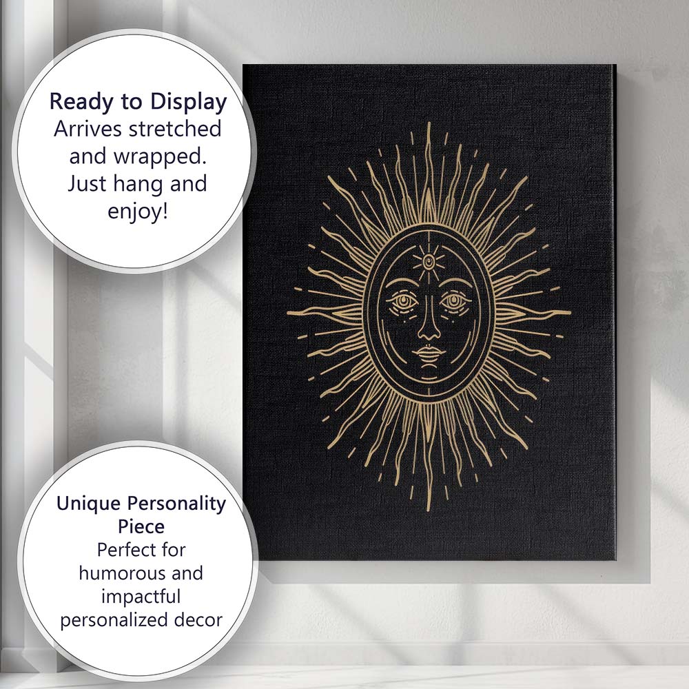 Bohemian Sun Face Celestial Gold Line Art Canvas Wall Art Print Decor Picture Ready to Hang