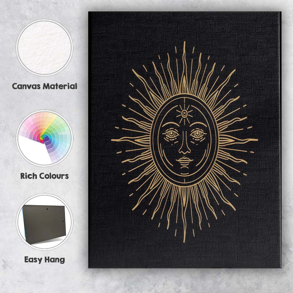 Bohemian Sun Face Celestial Gold Line Art Canvas Wall Art Print Decor Picture Ready to Hang