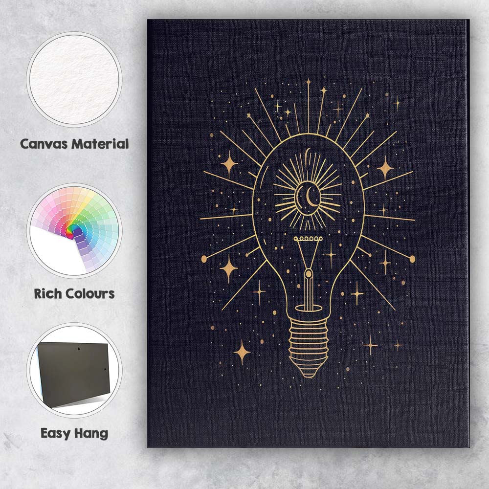 Celestial Light Bulb Moon And Stars Gold Line Art Canvas Wall Art Print Decor Picture Ready to Hang