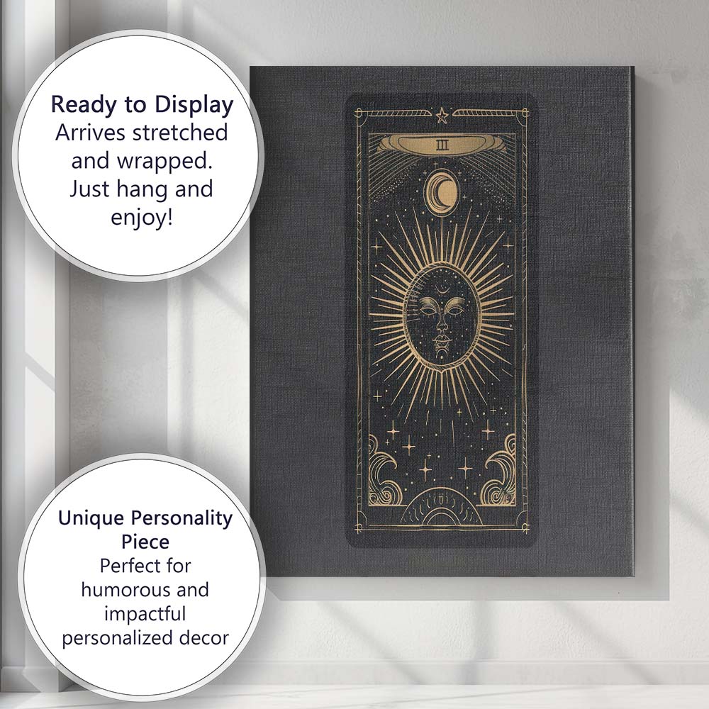 Mystical Tarot Sun Moon Celestial Card Gold Line Art Canvas Wall Art Print Decor Picture Ready to Hang