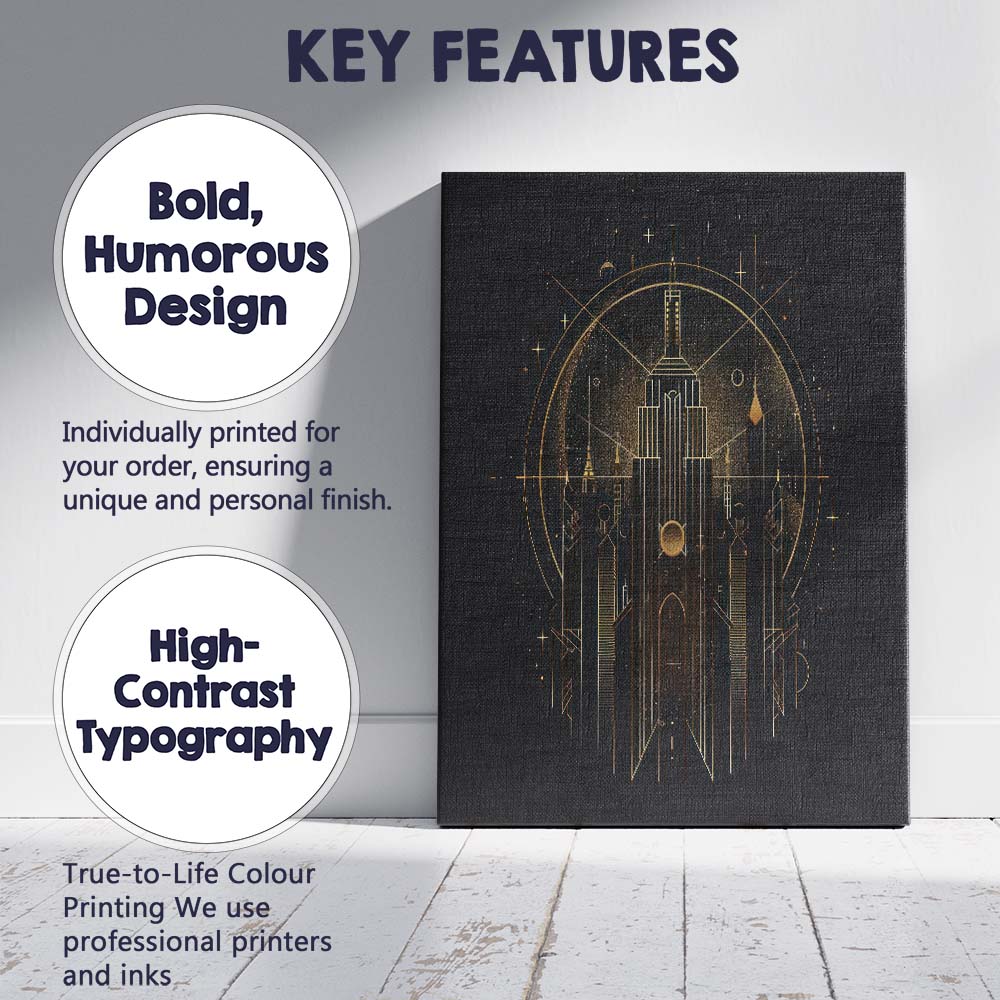 Art Deco City Skyline Celestial Gold Line Art Canvas Wall Art Print Decor Picture Ready to Hang