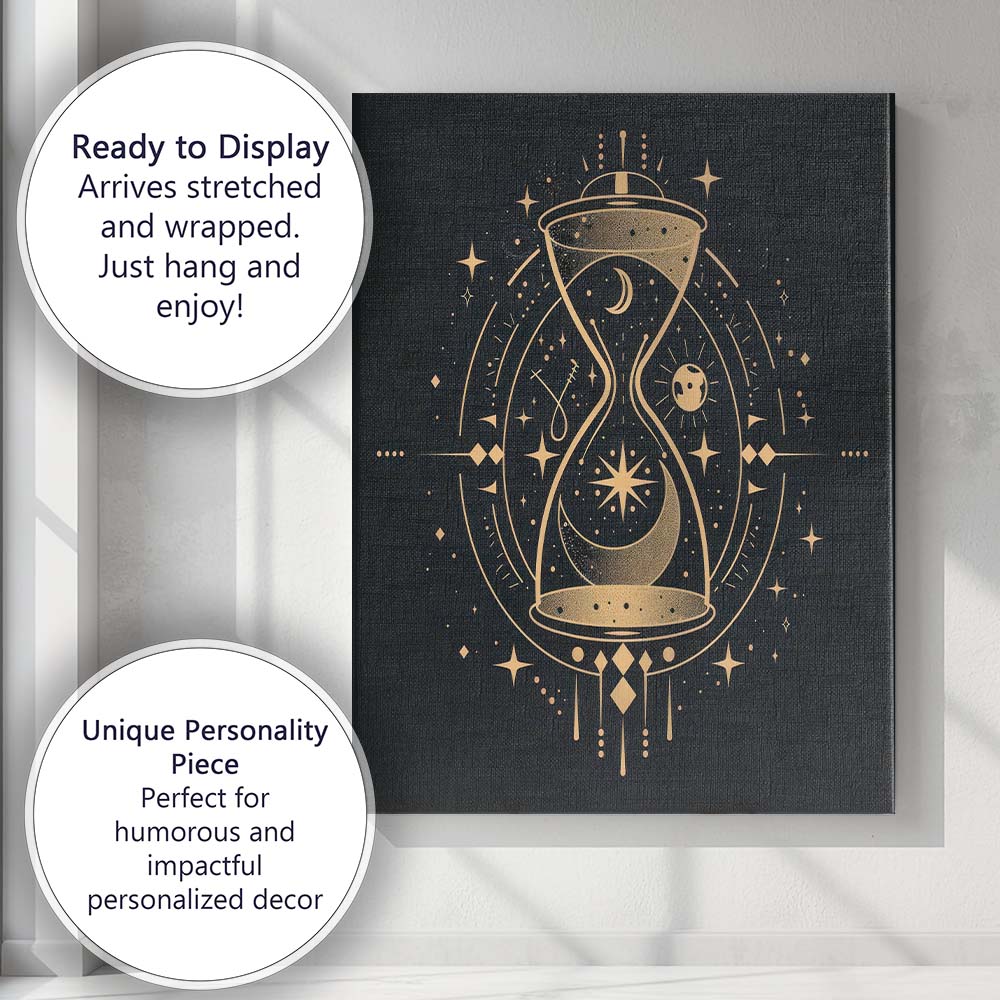 Mystical Cosmic Hourglass Moon And Stars Gold Line Art Canvas Wall Art Print Decor Picture Ready to Hang