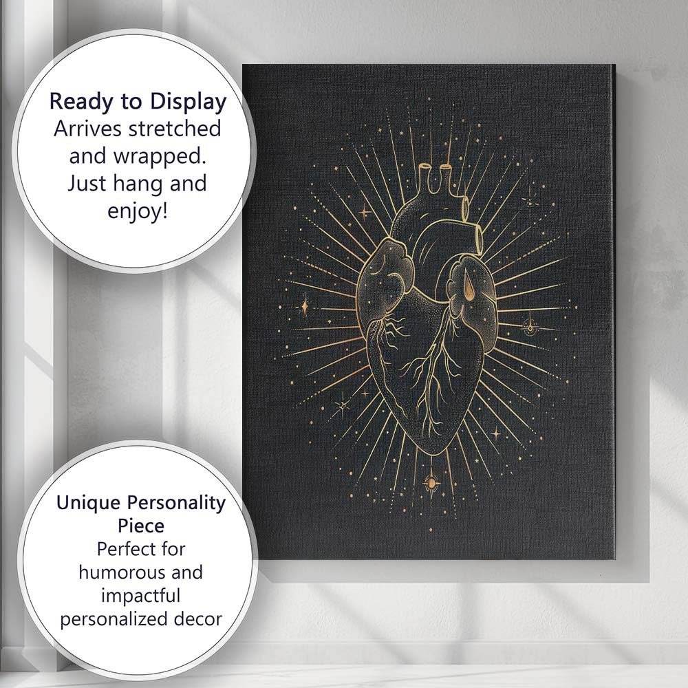 Anatomical Human Heart Celestial Gold Line Art Canvas Wall Art Print Decor Picture Ready to Hang
