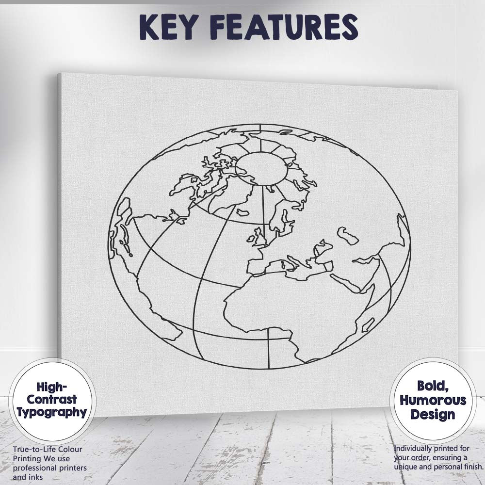 Minimal World Globe Outline Line Art Canvas Wall Art Print Decor Picture Ready to Hang