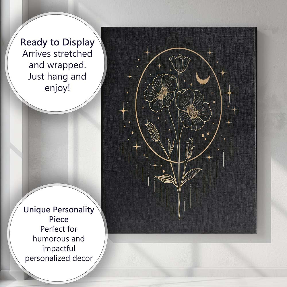 Celestial Poppy Flowers Gold Line Art Canvas Wall Art Print Decor Picture Ready to Hang