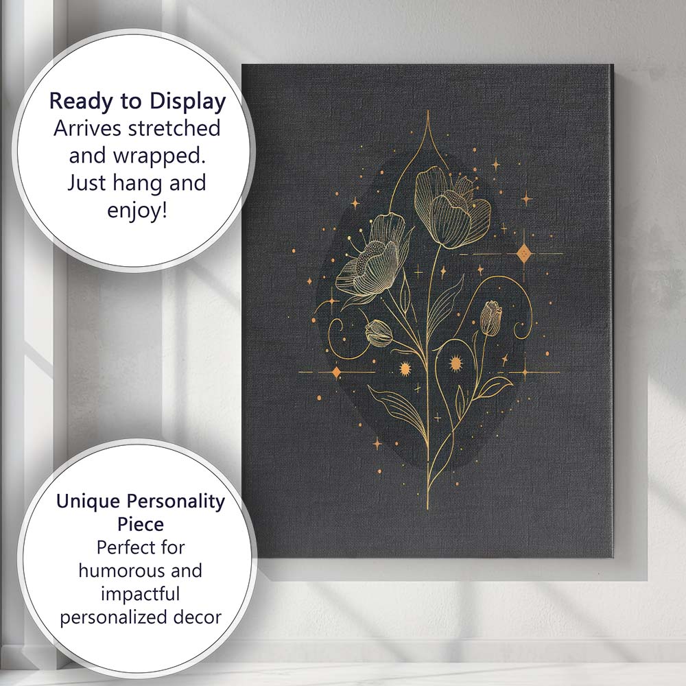 Elegant Botanical Blossom Gold Line Art Canvas Wall Art Print Decor Picture Ready to Hang