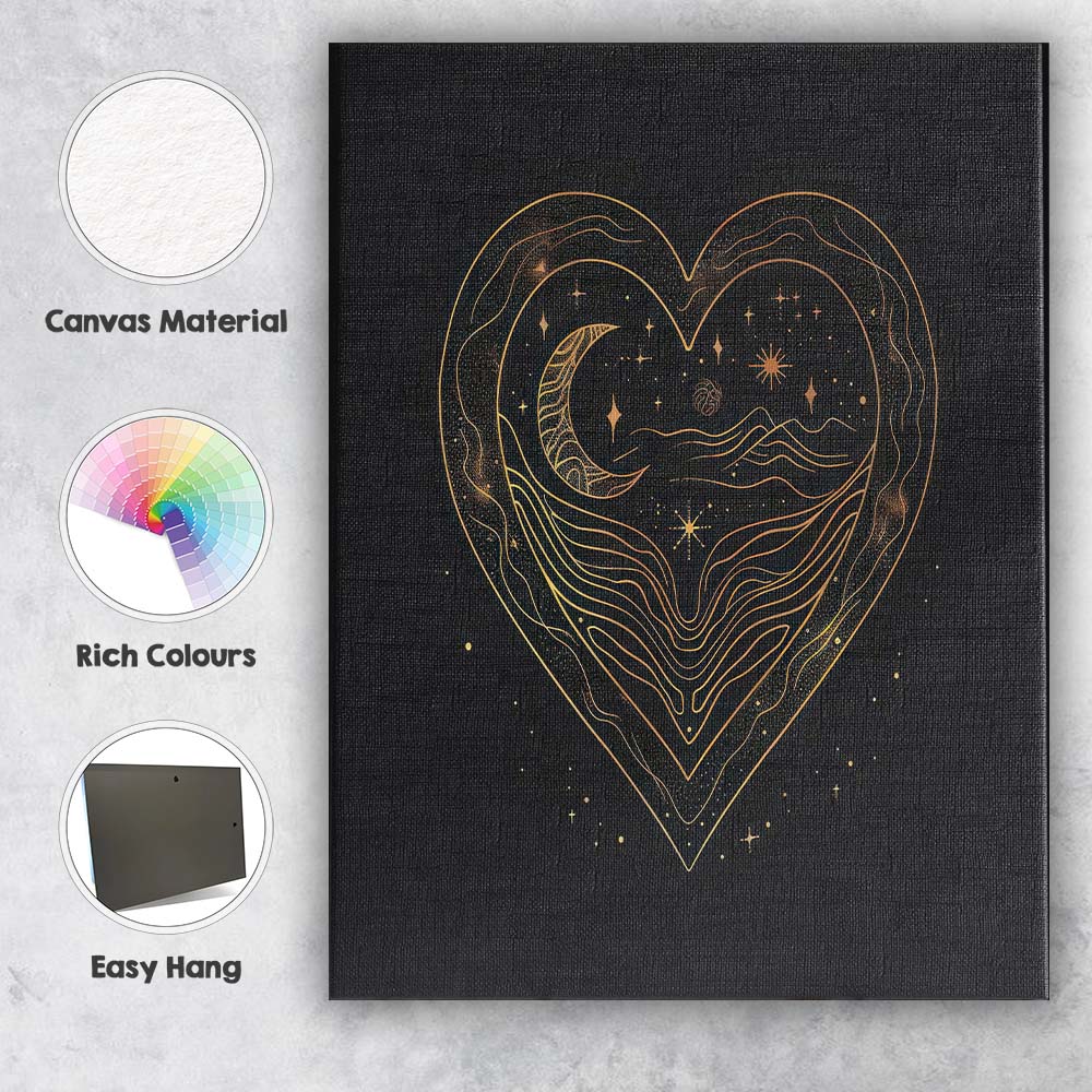 Celestial Heart Moon Landscape Gold Line Art Canvas Wall Art Print Decor Picture Ready to Hang