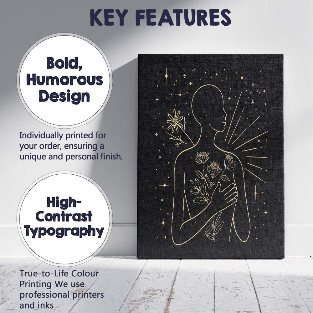 Mindfulness Floral Human Silhouette Gold Line Art Canvas Wall Art Print Decor Picture Ready to Hang