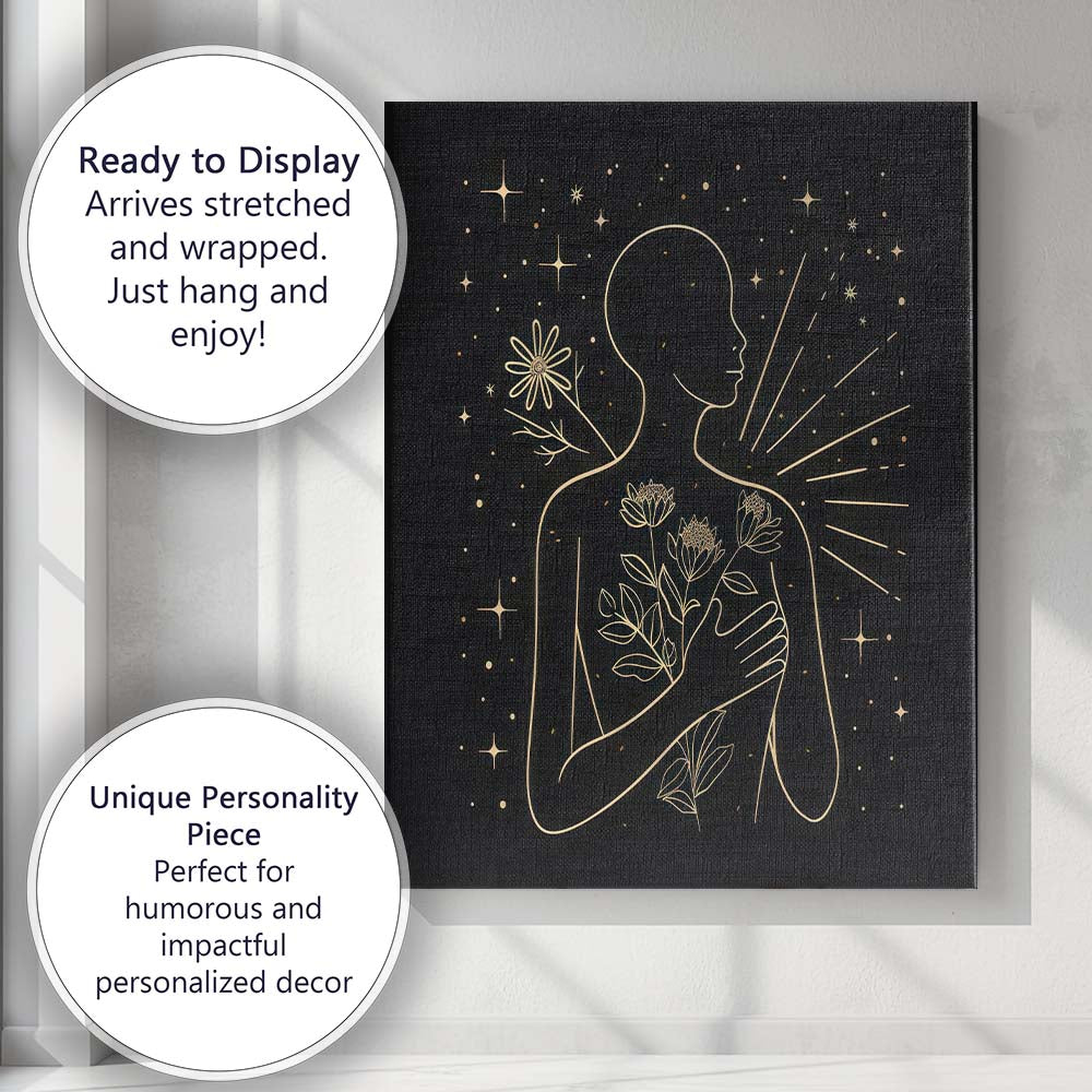 Mindfulness Floral Human Silhouette Gold Line Art Canvas Wall Art Print Decor Picture Ready to Hang
