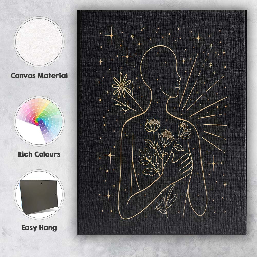 Mindfulness Floral Human Silhouette Gold Line Art Canvas Wall Art Print Decor Picture Ready to Hang