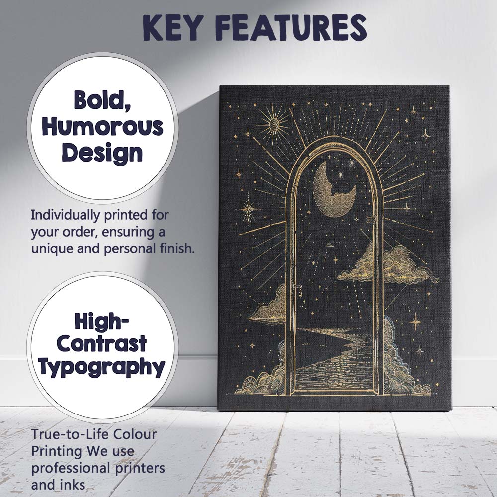 Celestial Moon Portal Night Sky Gold Line Art Canvas Wall Art Print Decor Picture Ready to Hang