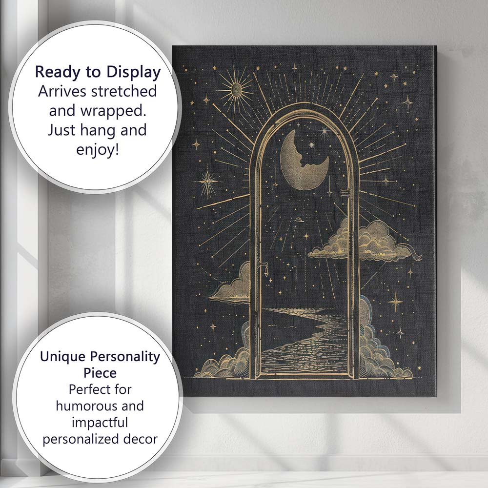Celestial Moon Portal Night Sky Gold Line Art Canvas Wall Art Print Decor Picture Ready to Hang