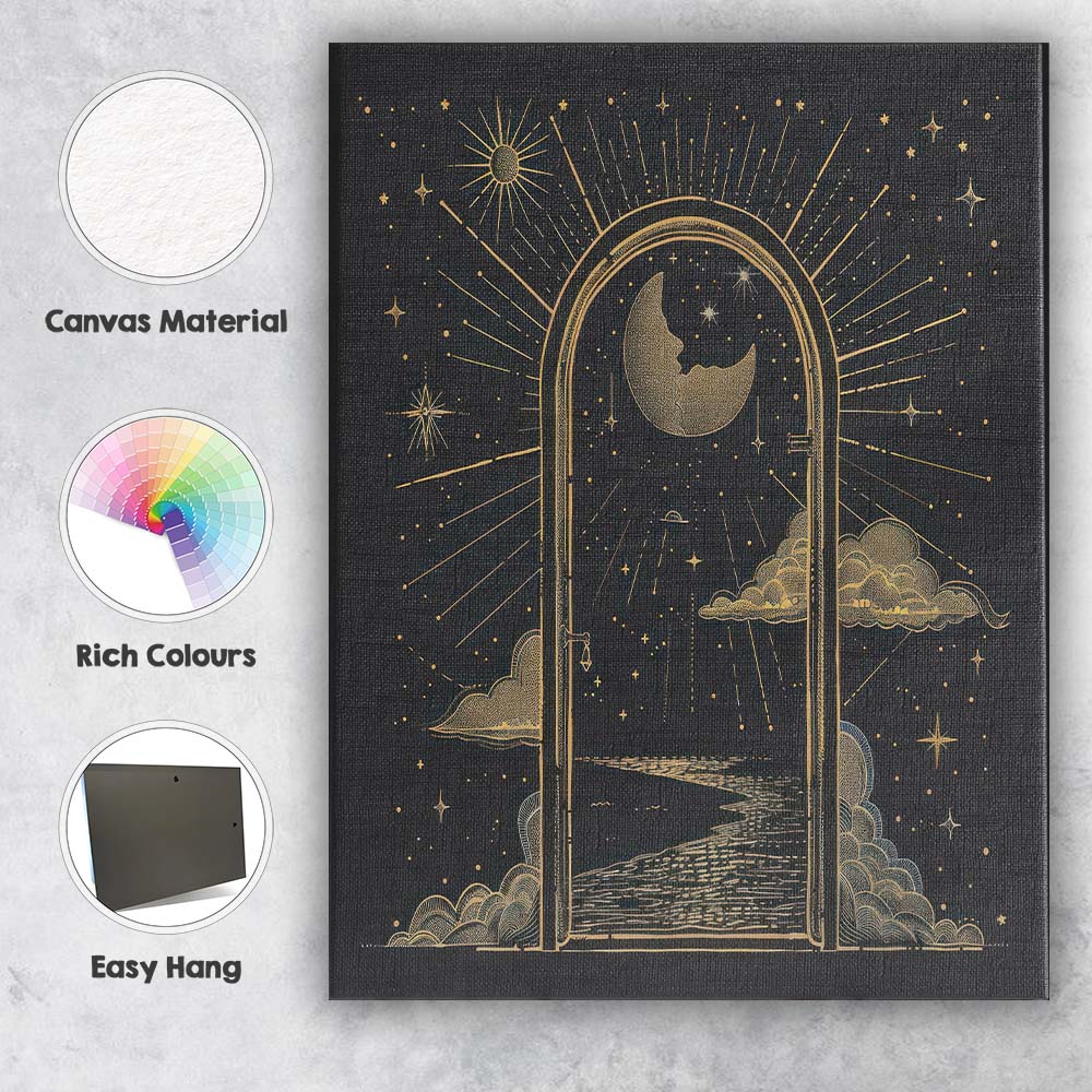 Celestial Moon Portal Night Sky Gold Line Art Canvas Wall Art Print Decor Picture Ready to Hang