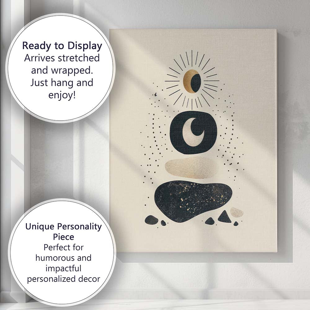 Celestial Stacked Zen Stones Eclipse Minimalist Canvas Wall Art Print Decor Picture Ready to Hang