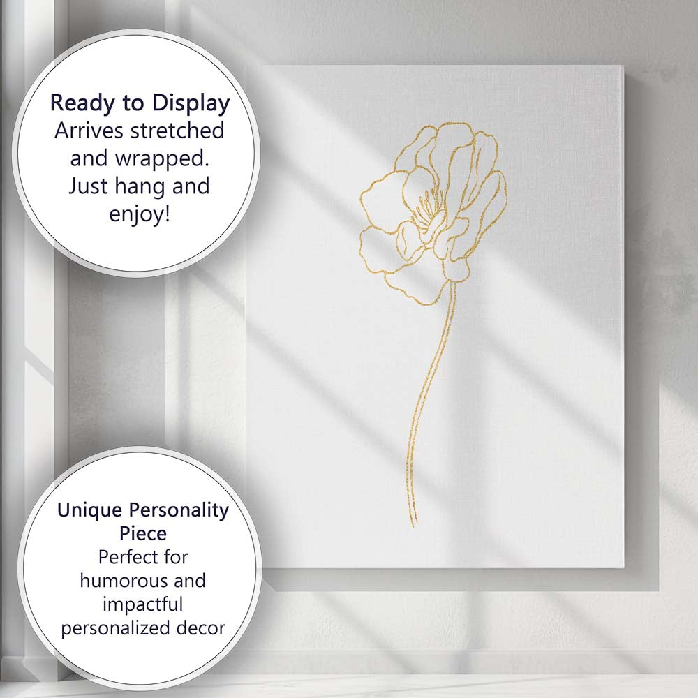 Minimal Gold Poppy Botanical Line Art Canvas Wall Art Print Decor Picture Ready to Hang