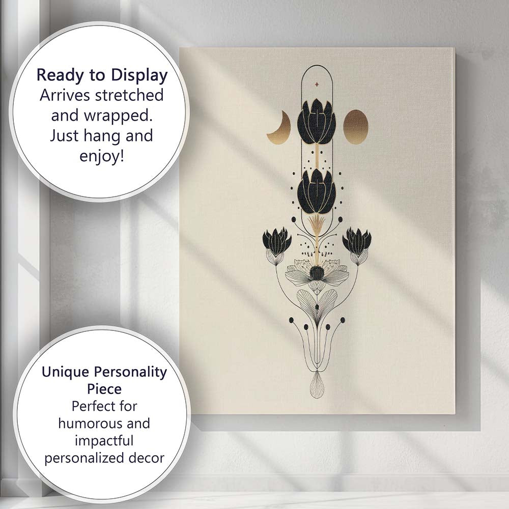Elegant Lotus Moon Phase Botanical Line Art Canvas Wall Art Print Decor Picture Ready to Hang