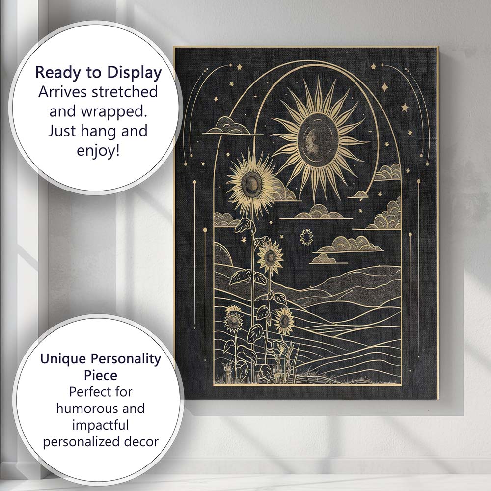 Celestial Sunflower Landscape Gold Line Art Canvas Wall Art Print Decor Picture Ready to Hang