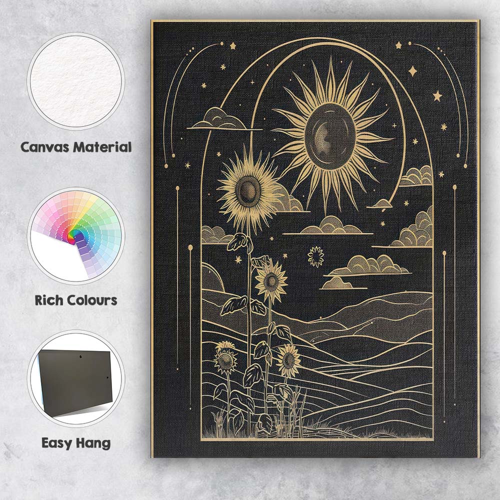 Celestial Sunflower Landscape Gold Line Art Canvas Wall Art Print Decor Picture Ready to Hang