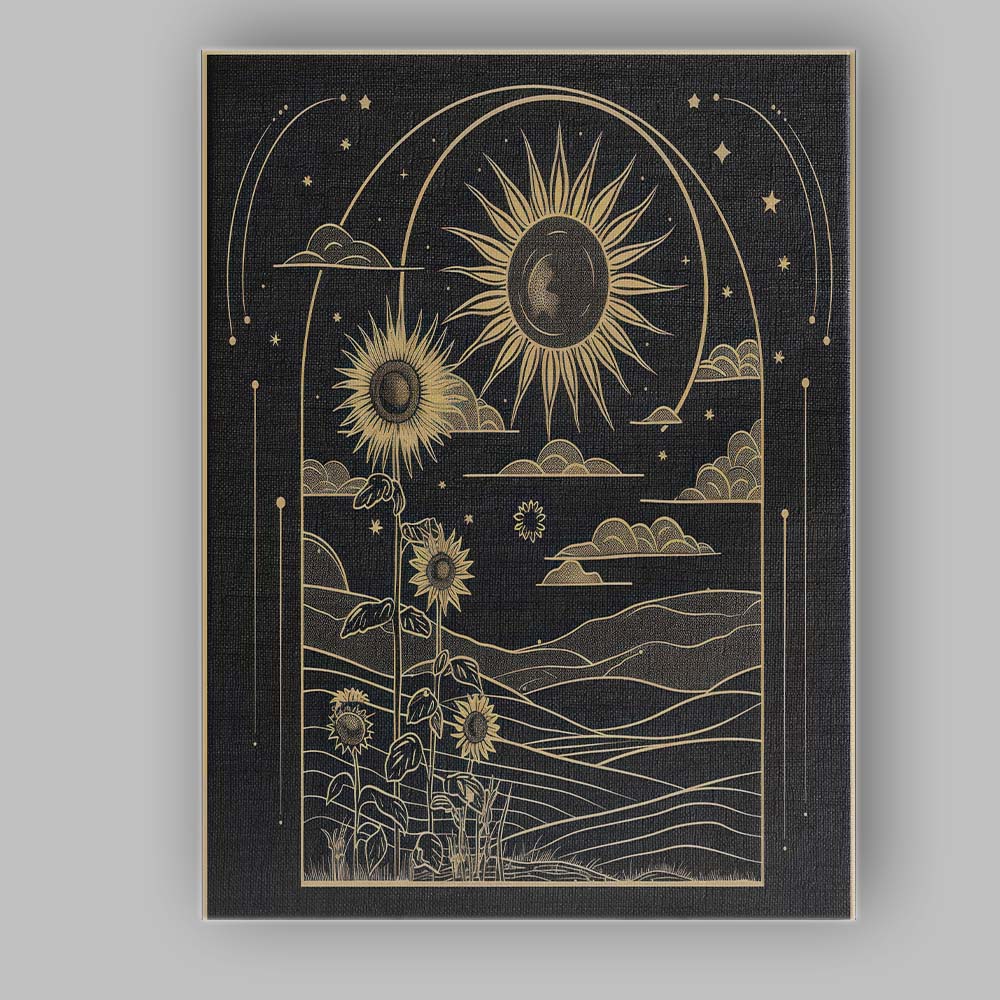 Celestial Sunflower Landscape Gold Line Art Canvas Wall Art Print Decor Picture Ready to Hang