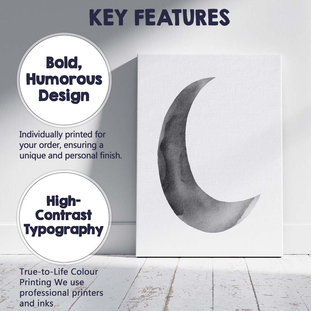 Minimalist Grey Watercolour Crescent Moon Illustration Canvas Wall Art Print Decor Picture Ready to Hang