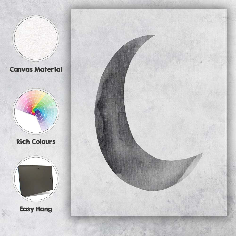 Minimalist Grey Watercolour Crescent Moon Illustration Canvas Wall Art Print Decor Picture Ready to Hang