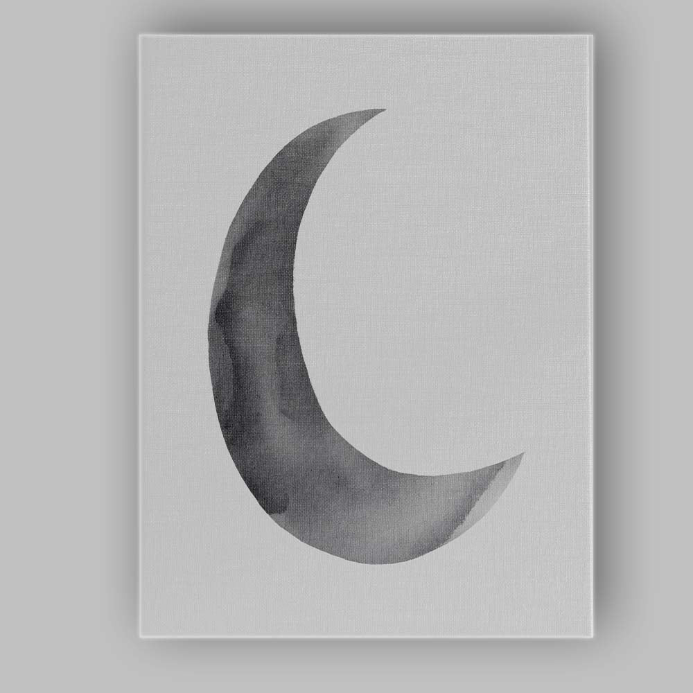 Minimalist Grey Watercolour Crescent Moon Illustration Canvas Wall Art Print Decor Picture Ready to Hang