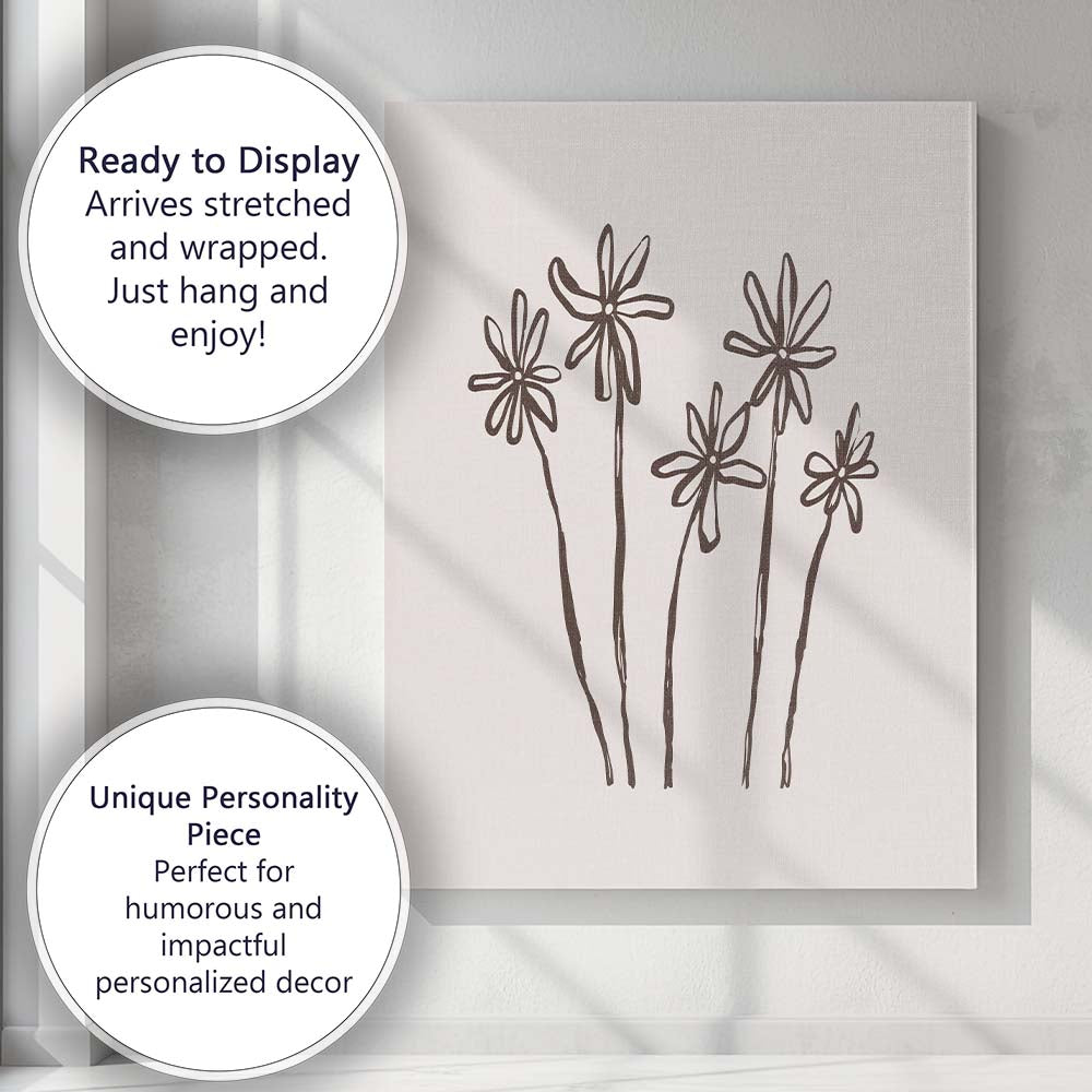 Minimalist Wild Daisy Floral Line Drawing Canvas Wall Art Print Decor Picture Ready to Hang