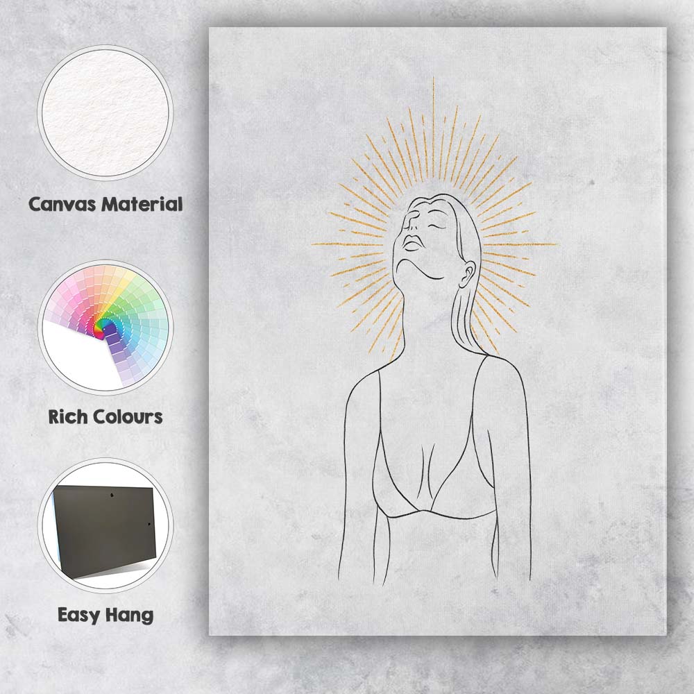 Minimalist Female Portrait Golden Sunburst Line Art Canvas Wall Art Print Decor Picture Ready to Hang