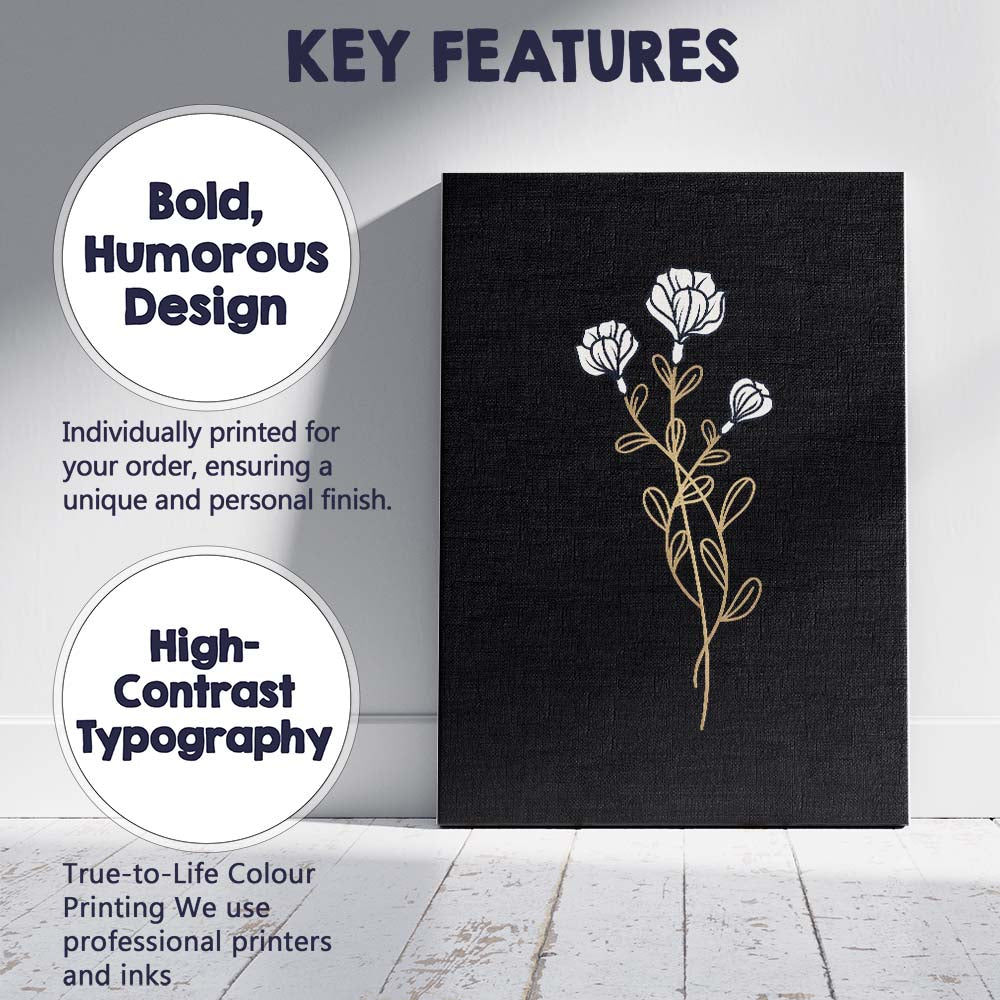 Elegant White Floral Stem Gold Line Art Black Background Canvas Wall Art Print Decor Picture Ready to Hang