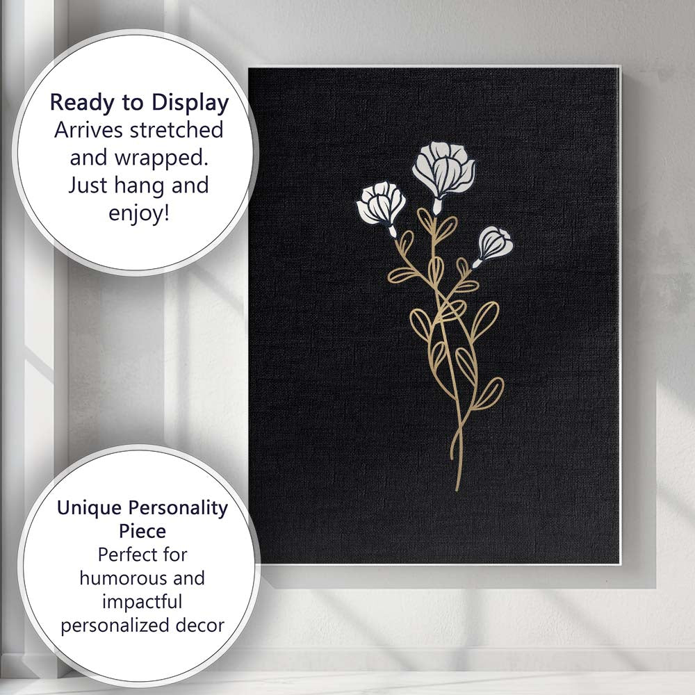 Elegant White Floral Stem Gold Line Art Black Background Canvas Wall Art Print Decor Picture Ready to Hang