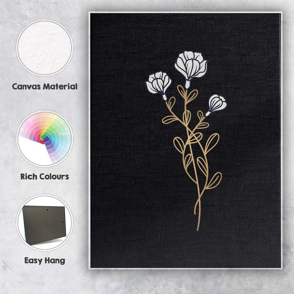 Elegant White Floral Stem Gold Line Art Black Background Canvas Wall Art Print Decor Picture Ready to Hang