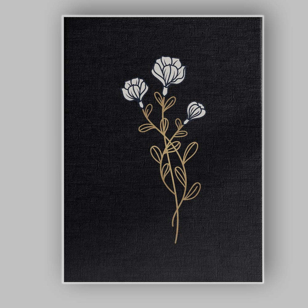 Elegant White Floral Stem Gold Line Art Black Background Canvas Wall Art Print Decor Picture Ready to Hang