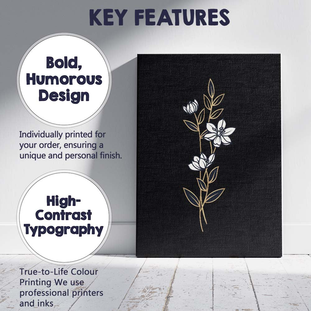 Elegant White Floral Stem Gold Line Art Black Background Canvas Wall Art Print Decor Picture Ready to Hang
