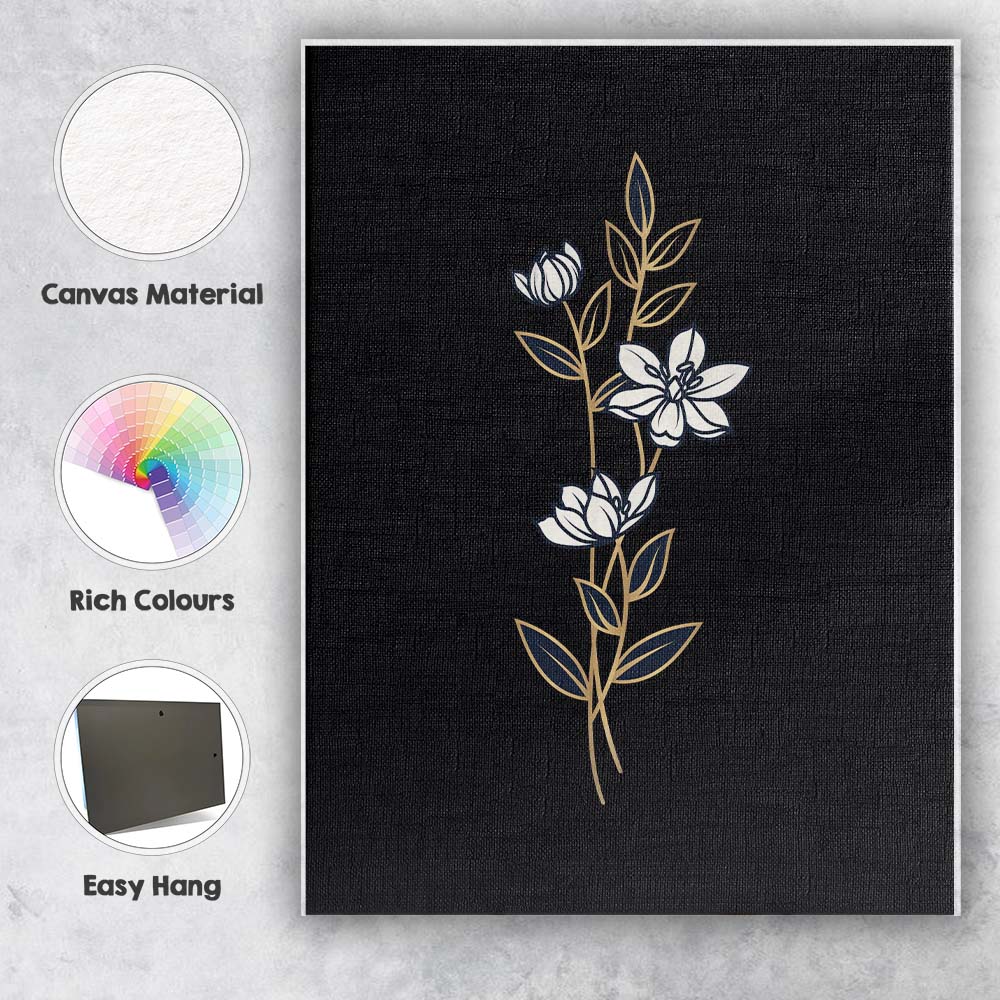 Elegant White Floral Stem Gold Line Art Black Background Canvas Wall Art Print Decor Picture Ready to Hang