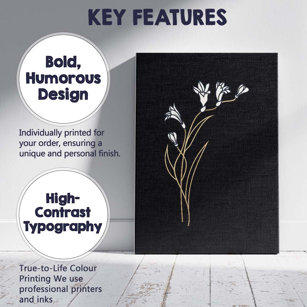 Minimalist White Bell Flower Gold Line Art Black Background Canvas Wall Art Print Decor Picture Ready to Hang